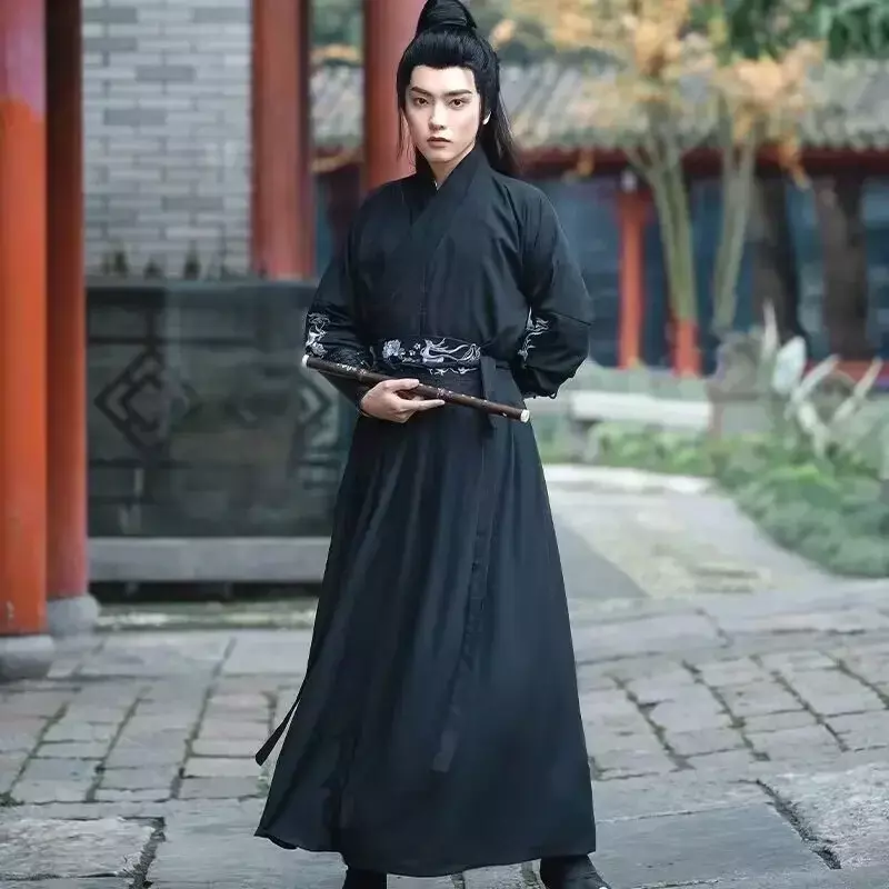 Костюм ханьфу мужской для косплея, традиционный китайский костюм на Хэллоуин, рубашка и юбка в старинном стиле ханьфу черного и красного цветов, большие размеры 4XL