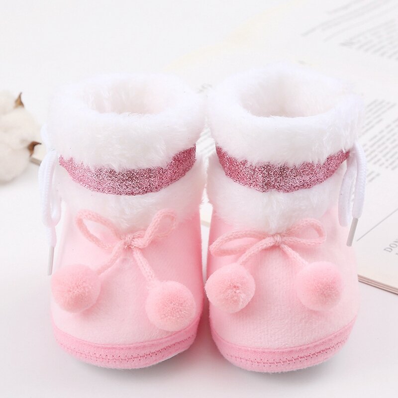 Baby Cute Thickened Plush Boots Flat Shoes Infant Girls Boys Bobbles Bow Non-Slip Soft Sole First Walker Winter Warm Crib Shoes