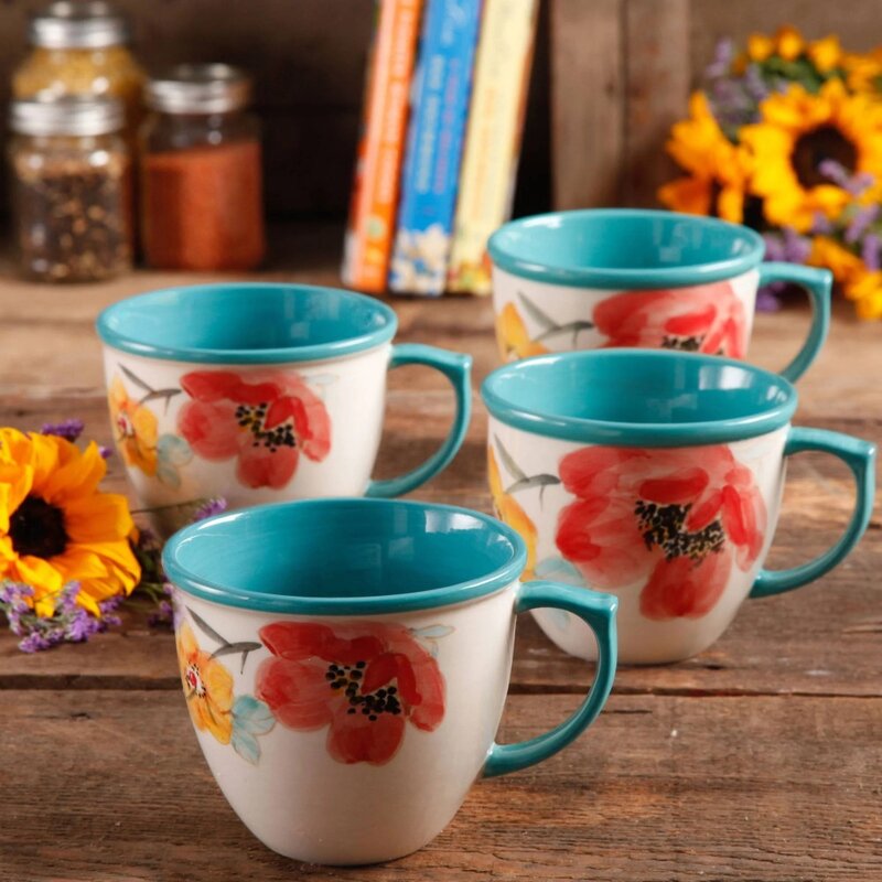 Vintage Bloom Türkis Keramik 4-teiliges 16-Unzen-Kaffeetassen-Set