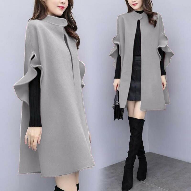 Women's Winter Coat Solid Color Ruffled Formal Elegant Shawl Long Sleeve Cardigan Stand Collar Women's Cape Coat