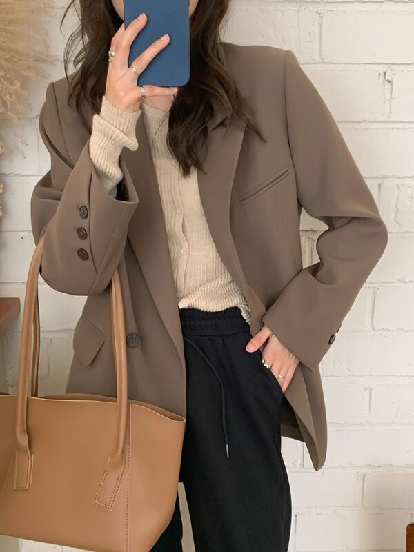 Blazers Women Double Breasted British Style Loose Casual Autumn New Fashion Notched Streetwear Female Temperament Chic Ulzzang