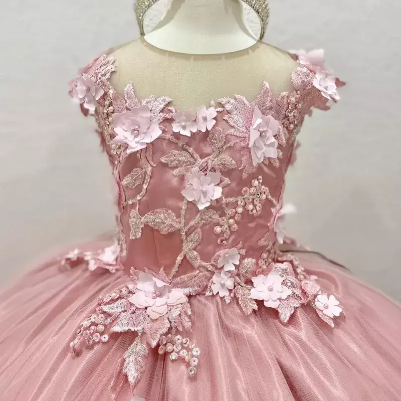 女の子のためのエレガントなピンクの花柄のドレス,3Dレースのアップリケ,子供服,最初の聖体拝領,新しいコレクション