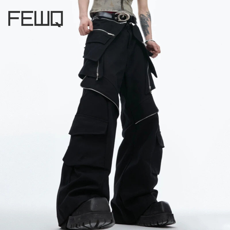 Spodnie robocze w stylu FEWQ metalowy zamek błyskawiczny duża kieszeń Casual męskie spodnie 2024 jednolity kolor Darkwear nowa moda luźna 24 e1100