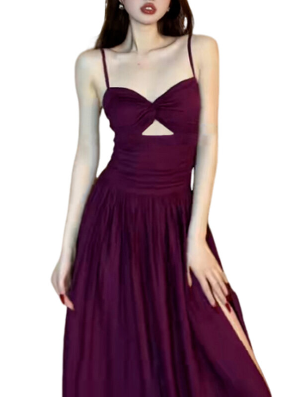 Gaun wanita ramping warna polos baru musim panas gaun pesta wanita elegan manis gaun jalanan modis hitam ungu