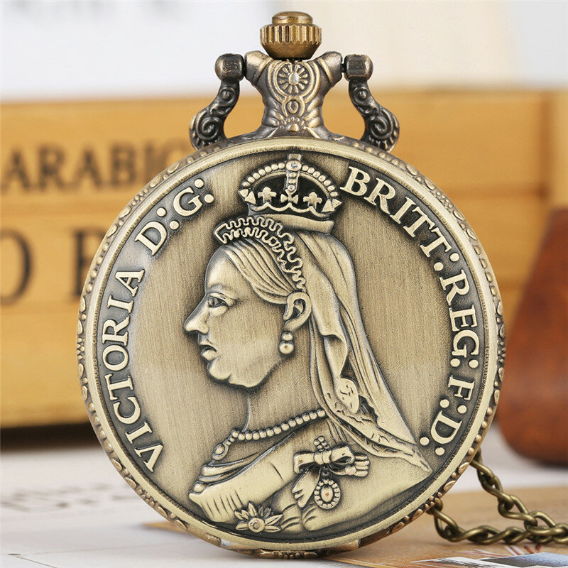 Vintage Victoria Queen Of England Full Hunter Analog ควอตซ์นาฬิกาสำหรับผู้ชายสร้อยสตรีจี้ของที่ระลึกนาฬิกา