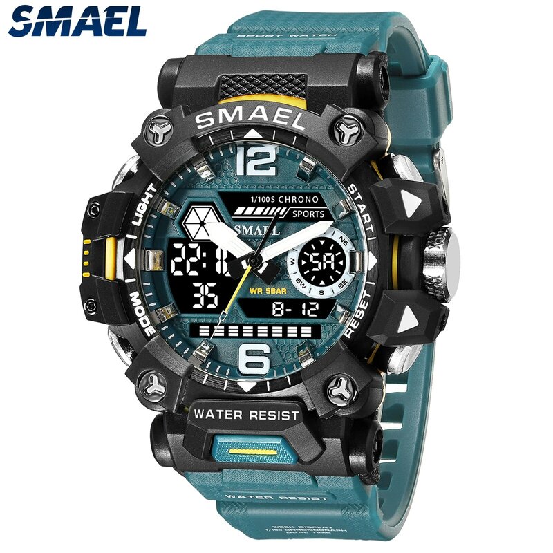 SMAEL-Relógio desportivo impermeável para homem, ecrã duplo, quartzo, LED, militar, digital, 50m, 8072