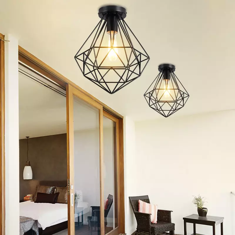 Luz de techo Retro E27, portalámparas de bombilla, jaula de lámpara de Metal, iluminación colgante de montaje, plafón de decoración del hogar