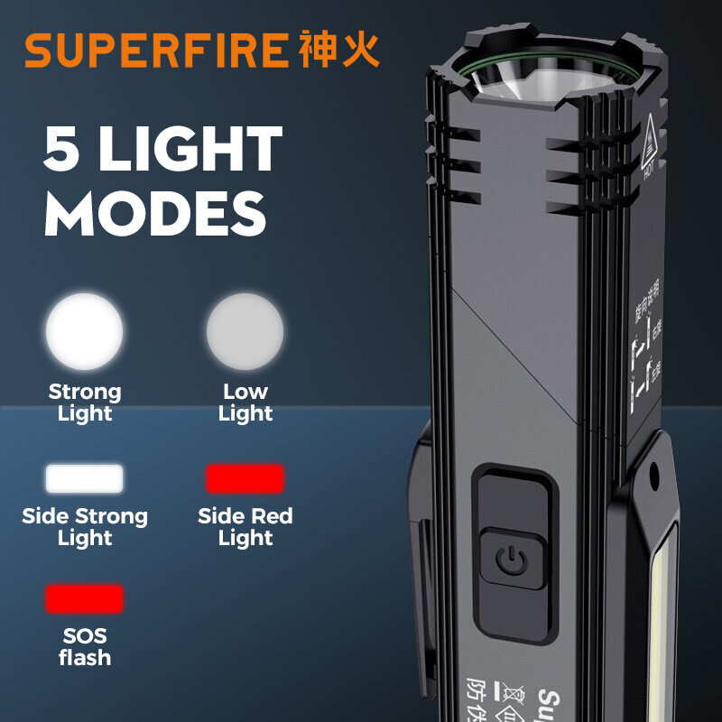 SUPERFIRE-Lampe de poche LED COB G19, base magnétique réglable, lampe de sauna aste USB, lampe de travail pour camping et pêche
