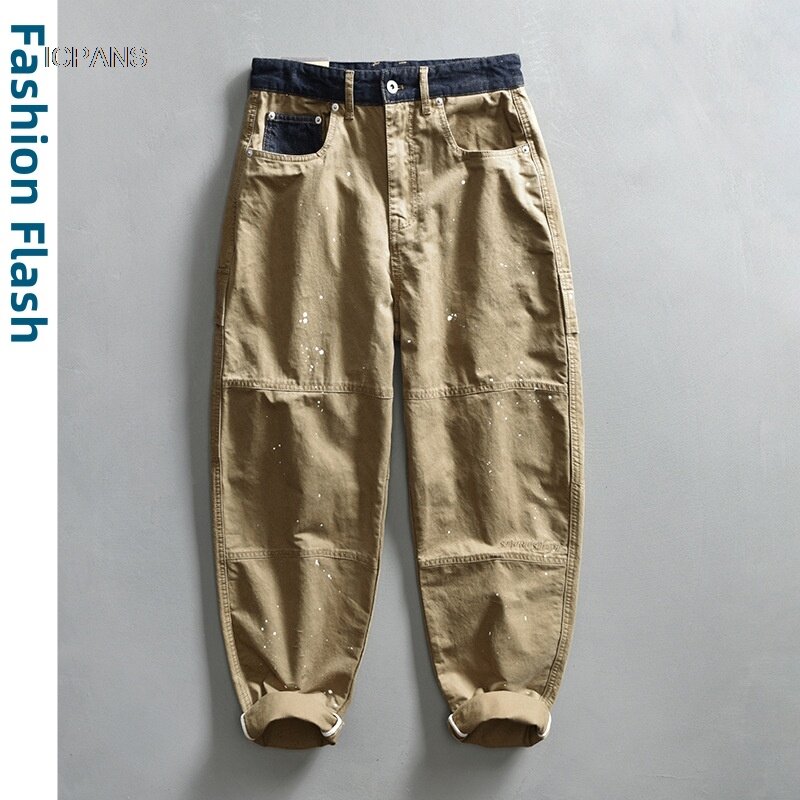 Patchwrok-Pantalon cargo en coton pour homme, Denim, Baggy marron, Pantalon de travail décontracté, Vêtements de rue ingents, At FjMen, Harajuku