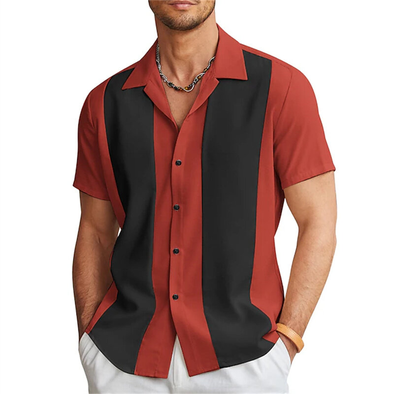 Chemise de bowling à manches courtes pour hommes, chemise décontractée à boutons, revers de couleur assortis, quotidien de rue, 6 couleurs, mode estivale, 2023