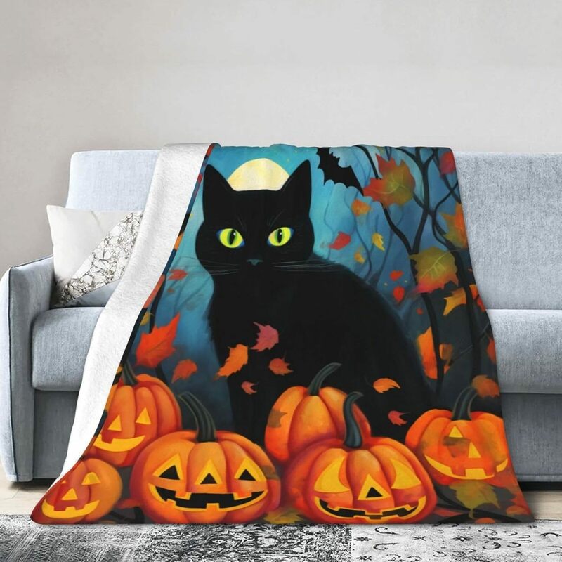 Zwarte Kattendeken Elegant, Comfortabel, Lichtgewicht Bedrukte Deken, Comfortabele Pluche Decoratieve Deken, Halloween Deken