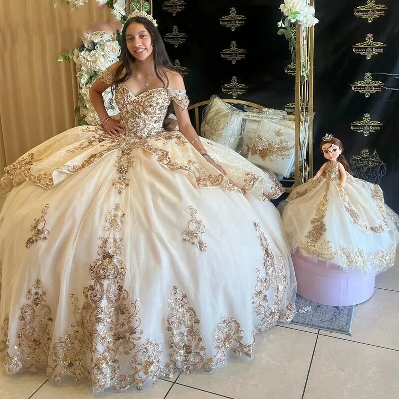 Luxury Gold Lace Quinceanera Dresses Ball Gown Off Shoulder Floral Appliques Lace Tull Corset For Sweet 15 Girls Party Dress