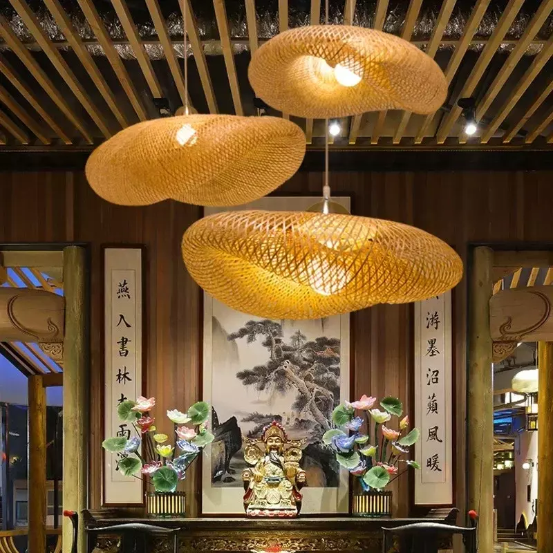 Klassische Bambus glanz Kronleuchter Hängelampe Decke hand gefertigte Rattan Pendel leuchte Weben homeliving люстра потолочная