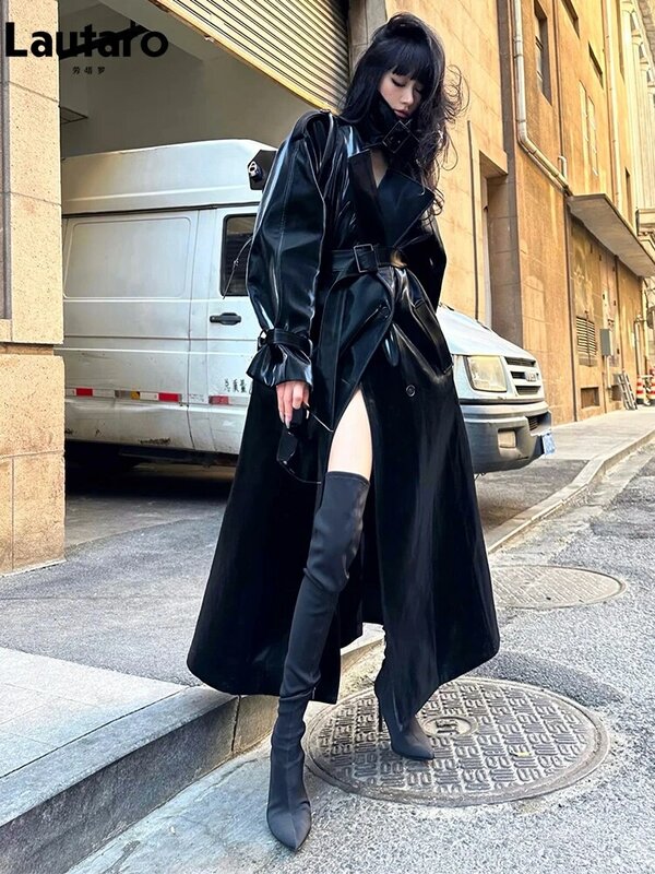 Lautaro Lente Herfst Extra Lange Oversized Cool Reflecterende Shiny Black Pateen Lederen Trenchcoat Voor Vrouwen Riem Runway Fashion