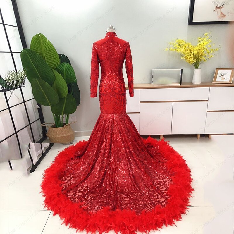 Gaun Prom Merah untuk Afrika Amerika Lengan Penuh Menawan Gaun Malam Putri Duyung dengan Berpayet Leher Tinggi Vestido De Noche Baru