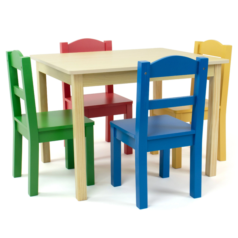 Kids Wood Table and 4 Chairs Set, Natural Wood/Primary