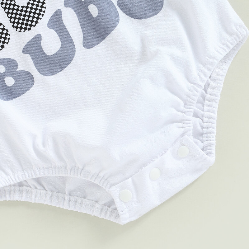 Bebê meninos manga curta em torno do pescoço macacão, carta impressão t-shirt, casual uso diário, roupas de criança, roupas verão