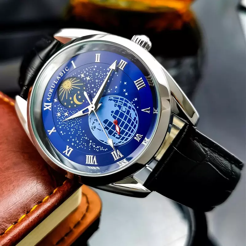 AOKULASIC 2023 Men's Automatic Watches Fashion Casual Leather Band Mechanical Wristwatches Man Waterproof Watch Luminous Clocks