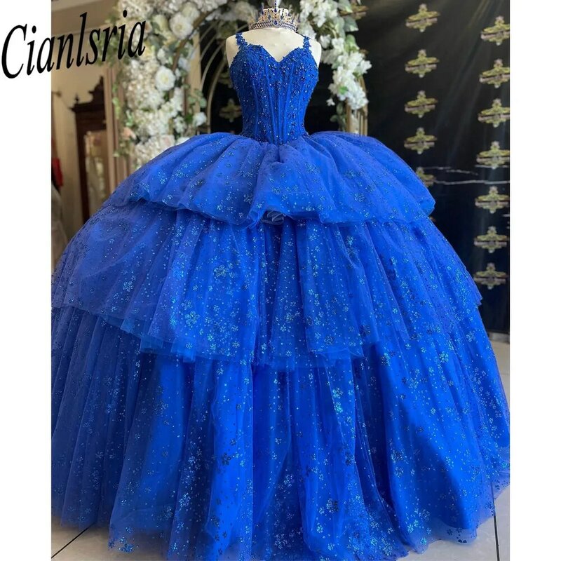 로얄 블루 프린세스 퀸시네라 드레스, 2023 페르시 술, 스파게티 스트랩, 코르셋 무도회 드레스