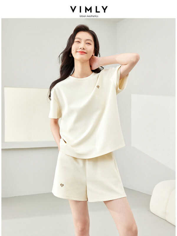 Vimly-女性用半袖Tシャツ,伸縮性のあるウエストのショートパンツ,カジュアル,夏,新品,m6967, 2024