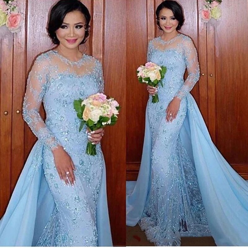 Angelsbridep Elegant Sky Blue Mother of the Bride Dresses With Detachable Train Sparkly Lace Mermaid Evening Prom Wedding