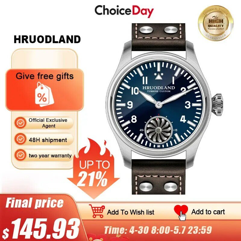 Relógio Piloto Masculino Hruodland, Movimento Gaivota, Mecânico BGW-9, Luminous Sapphire Crystal, Turbina Retro, F016, 43mm