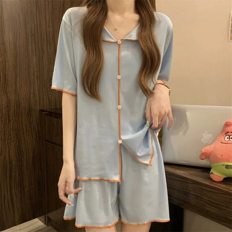 Summer Women Pajamas Sets Short Sleeve Tops Shorts Two Pieces Loungewear Kawaii Clothing Cardigan Sleepwear Y2k Soft Korean Suit