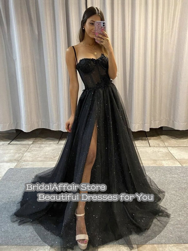 BridalAffair Black Glitter A Line Tulle Prom Dresses Spaghetti Straps Sweetheart Bones Side Slit 3D Flowers Long Evening Gowns