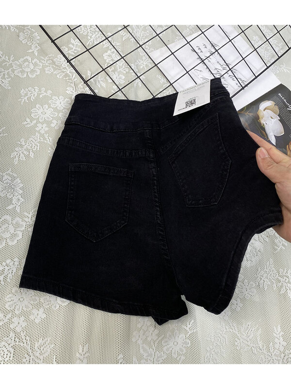 سراويل نسائية من الدنيم شورت صيفي قوطي أسود بخصر عتيق Y2k سراويل واسعة هاراجوكو سروال جينز قصير فضفاض غير رسمي كوري