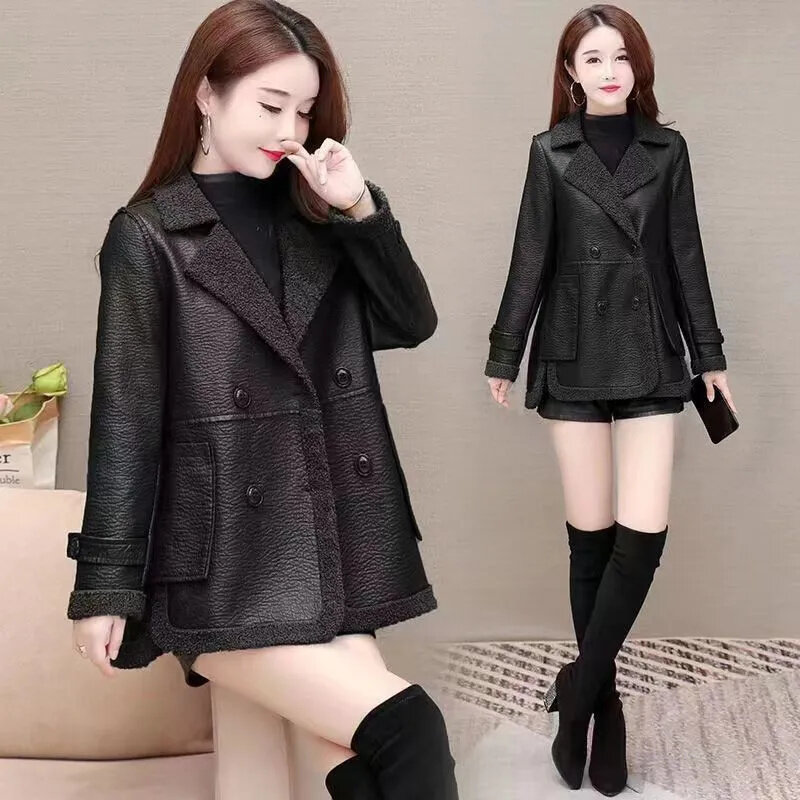 Autumn Winter Short Leather Jacket Women New Loose Suit Collar Coat Pure Colour Thicken Outerwear Fashion Pocket Overcoat Female