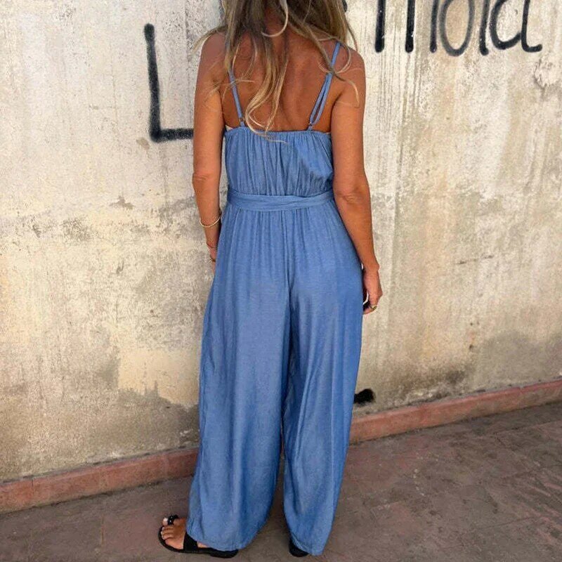 Summer Sexy Off-Shoulder Pants Jumpsuit Women's Casual Lace-Up Solid Sportswear Fashion High Street Pocket Wide Leg Jumpsuit
