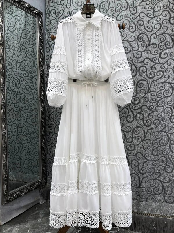 lingzhiwu White Long Skirt Set Spring Female Hollow Out Top+Skirt Suit Lace Water Soluble Flower Lantern Sleeve Top New Arrive