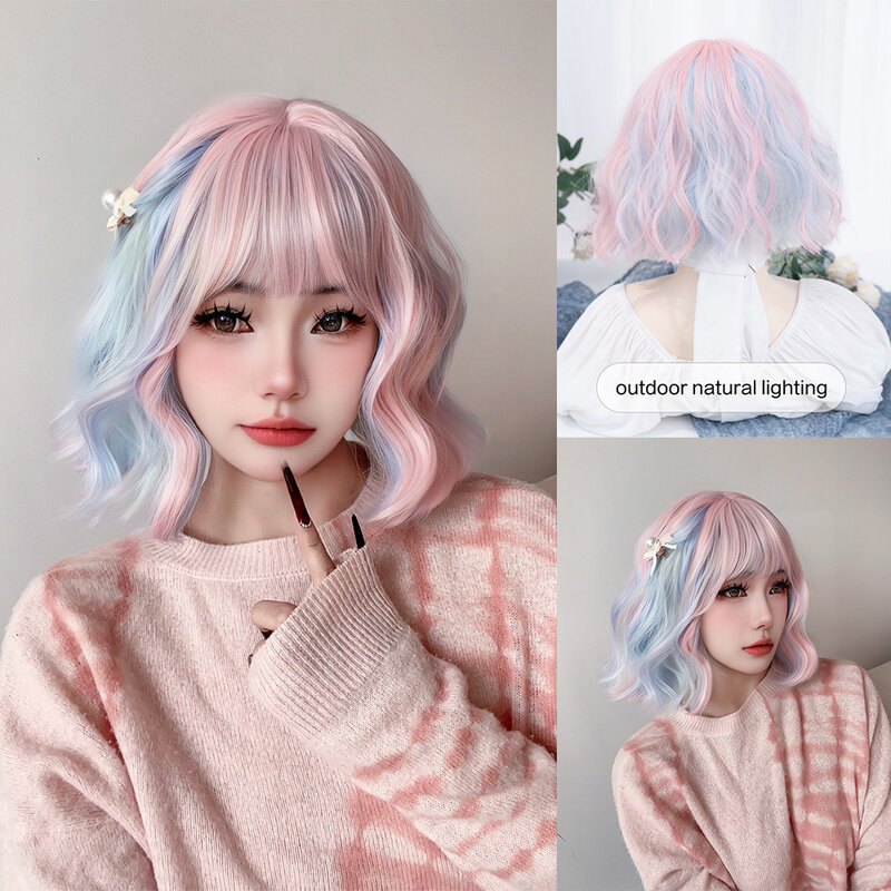 Lolita Wig sintetik 12 inci warna biru merah muda dengan Wig pendek bergelombang alami Wig rambut untuk wanita Cosplay tahan panas