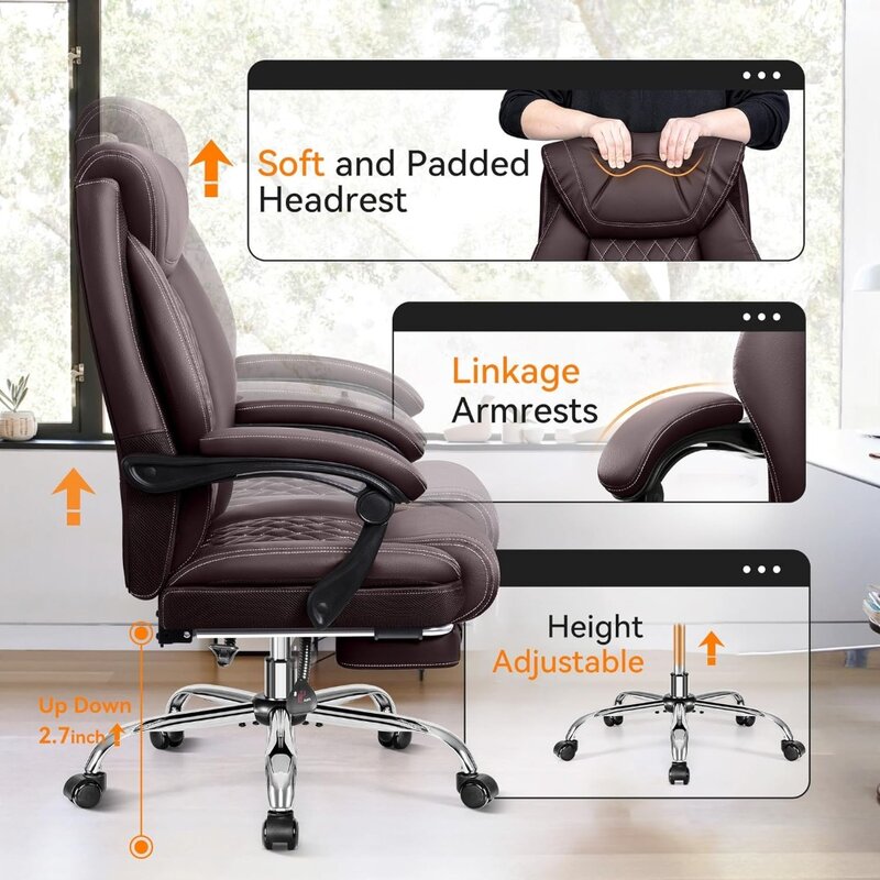 Adjustable Leather Executive Chair, Ergonomic Computer Desk and Chair Lumbar Support, High Stool Office Chair