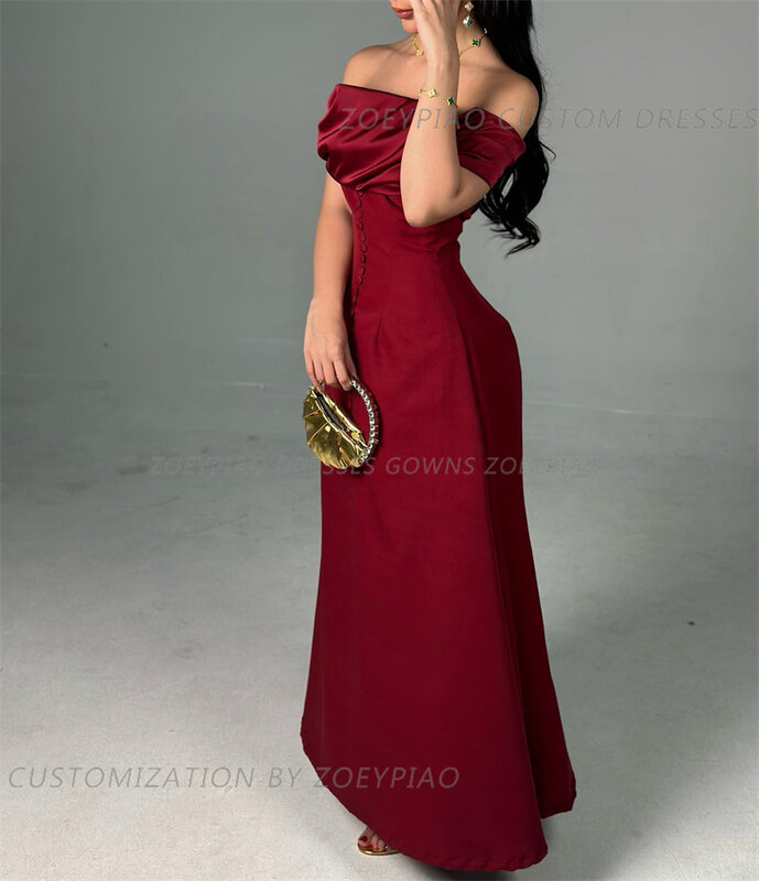 女性のためのバーガンディの赤いサテンのイブニングドレス,ナイトパーティー,プロムのドレス,ストラップレス,半袖,裸の肩,ボタン