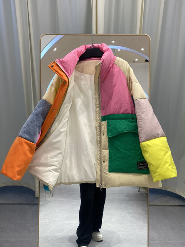 여성용 오버사이즈 데님 스플라이스 다운 재킷, 대형 포켓, 지퍼 패치워크, 퍼퍼 재킷, 고품질 방풍, 두꺼운 겨울 코트