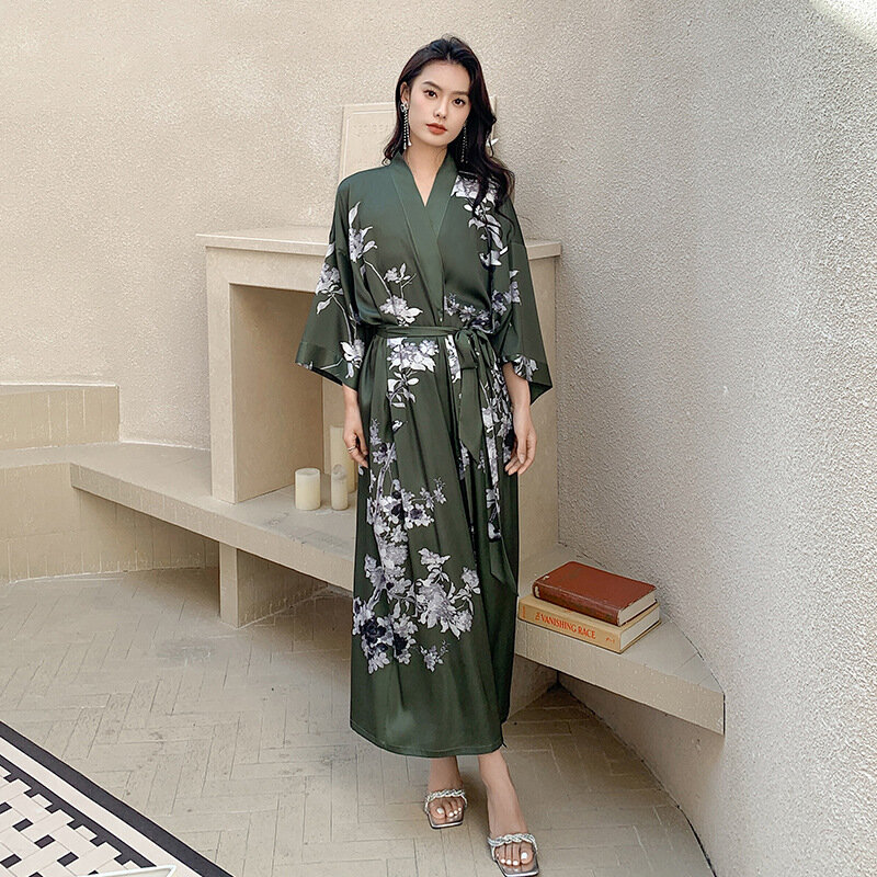 Women's Summer Bathrobe Silk Printing Long Robe Kimono Satin sexy robes nightgrow Sleepwear