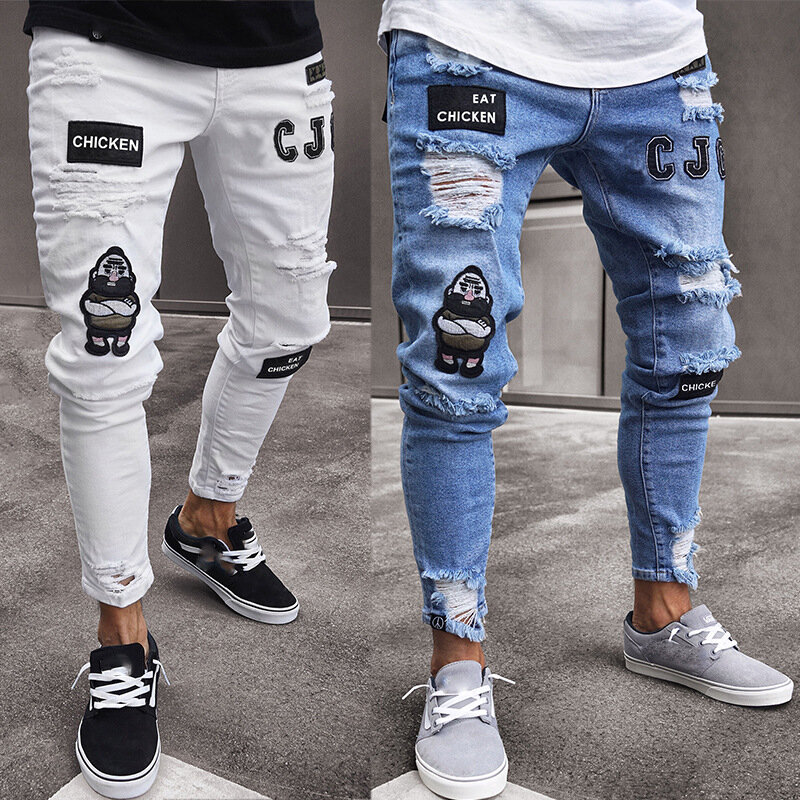 Мужские рваные джинсы в европейском и американском стиле Y2K, индивидуальные трендовые Узкие рваные джинсы на молнии с арахисом, джинсовые брюки в стиле пэчворк