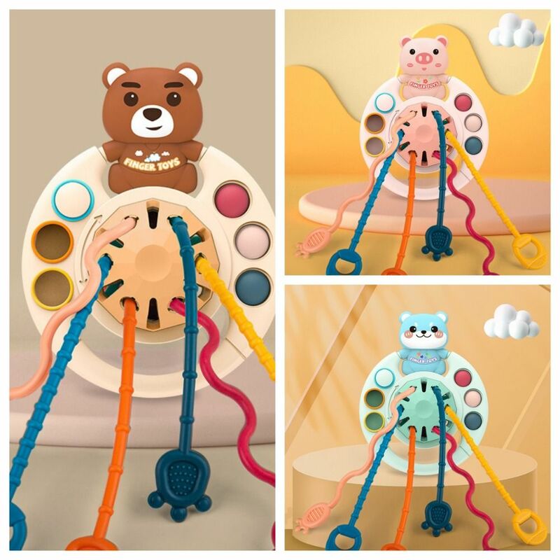 Silicone Montessori Pull String Pig Bear 3 In 1 Develop Teething toy String Sensory Toys Finger Grasp Training Kids/Children