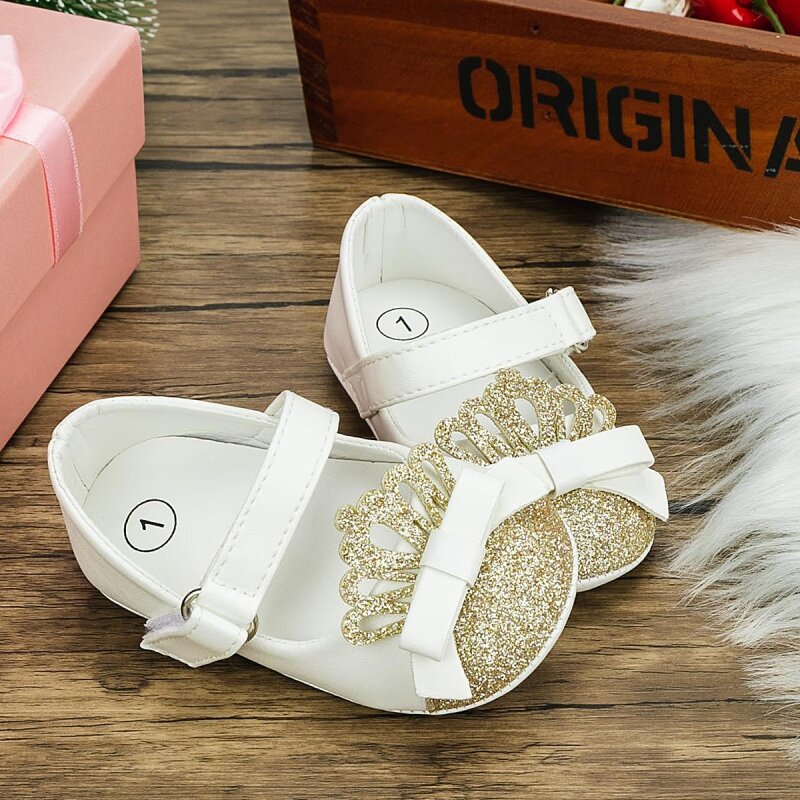0-18M Newborn Baby Girls Shoes Infant Toddler Sequined Crown Bling Princess Non-slip Rubber Bottom Soft Sole Flat Firstwalkers