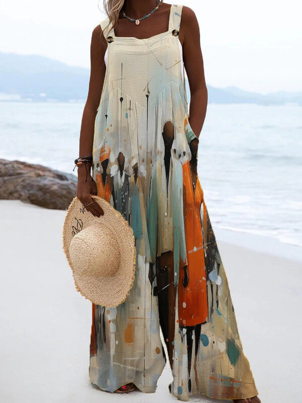 XXS-6XL Plus Size spodnie damskie moda na wakacje na plaży czarny etniczny styl obraz olejny luźna kieszeń kombinezon ZOOY