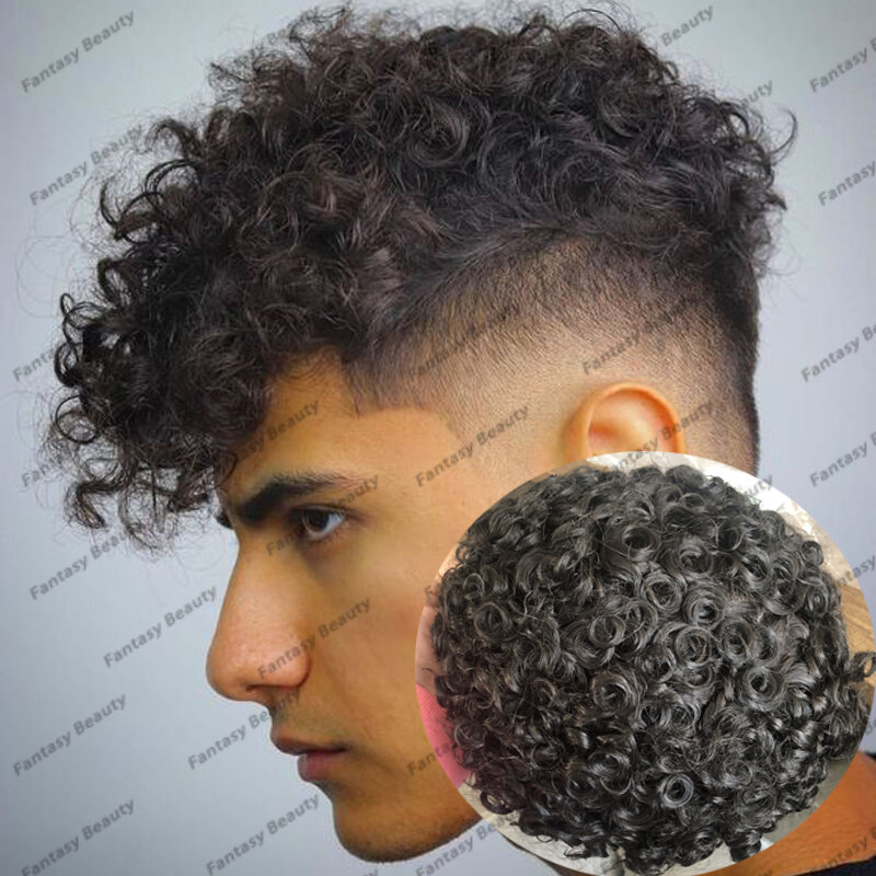 Breathable Australian Lace 8x10 Fine Mono&PU Base Men Toupee 100% Human Hair System Prosthesis 18mm Curly Male Natural Wigs