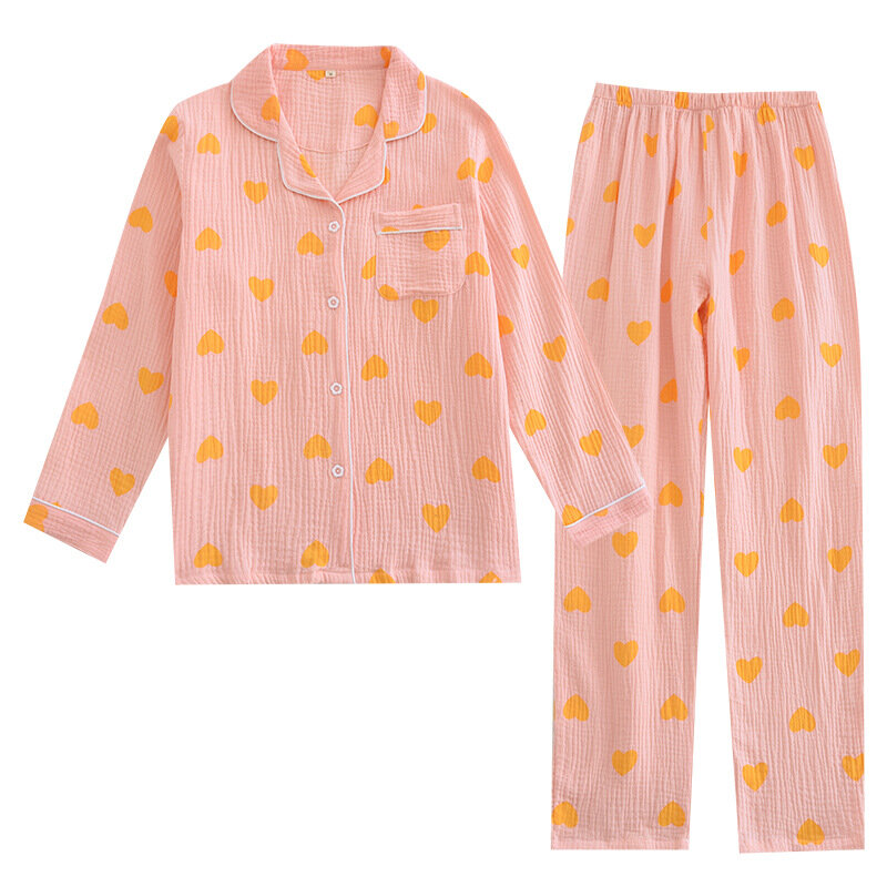 Pijama de algodão crepe feminino, gola virada para baixo feminina, manga comprida, terno de calças, roupas de casa confortáveis, 2 peças, 2023