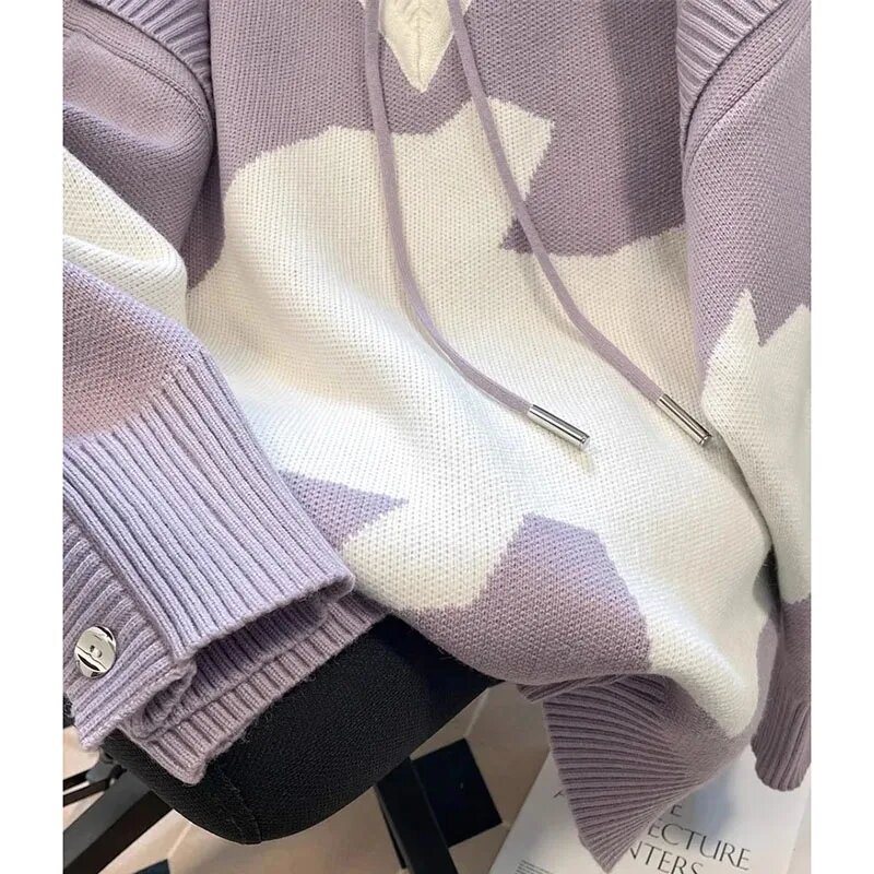 2024 Spring Autumn New Contrast Fake Two Sweater Jacket Women Elegant Hooded Pullover Sweater Female Loose Knitting Jumper Lady