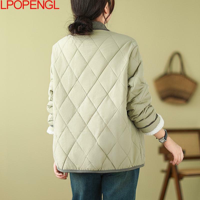 여성 코듀로이 칼라 숏 다운 코튼 재킷, 한국 빈티지 컬러 블로킹 스트리트웨어, 싱글 브레스트 상의, 가을 겨울