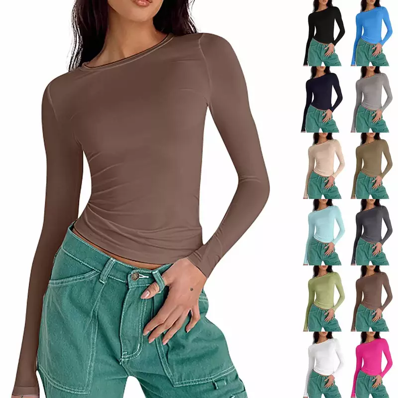 Top justo de manga comprida feminino, monocromático, camisas com gola redonda, tops básicos, moda para sair, luxo, 30USD-B