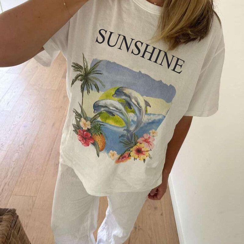 Damen weiß bedrucktes T-Shirt lose Sommer täglich Streetwear Urlaub 1 Stück Outfit auf Lager