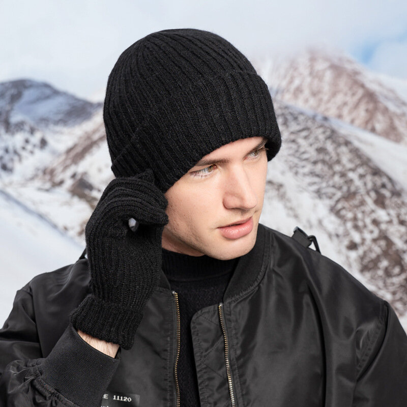 Czapka zimowa wełniana czapka rękawiczki dwuczęściowa męska damska wełniany w paski ekran dotykowy wiatroszczelna ciepła zestaw z miękkiego materiału