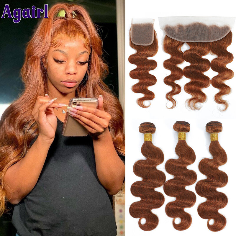 Ginger Brown Body Wave Pacotes de cabelo humano com fechamento, Remy Hair Weave Bundle com Frontal, 28 em, 30 em, 100%