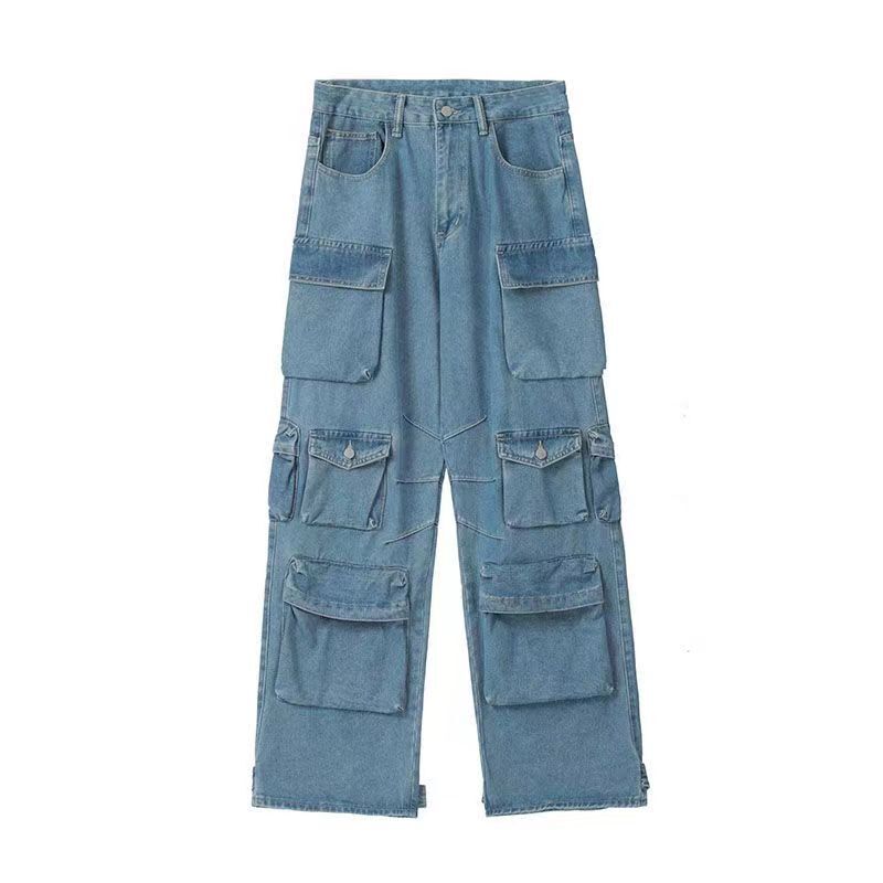 Calça lavada azul retro multi bolso feminina, jeans de cintura alta, Harajuku, simples, casual, perna larga, moda de rua alta, Y2K